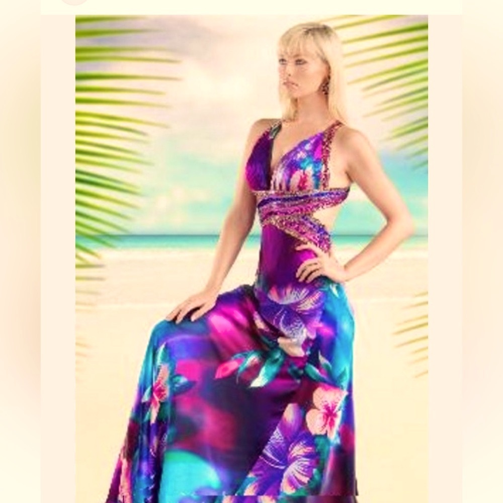 Jovani Tropical Print Dress In Excellent Condition